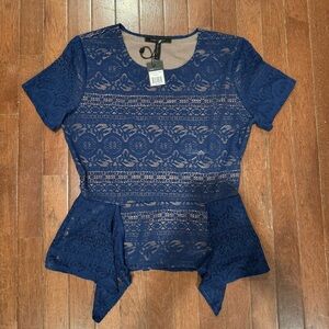 BCBGMAXAZRIA Karine Navy Lace Peplum Blouse Top NWT